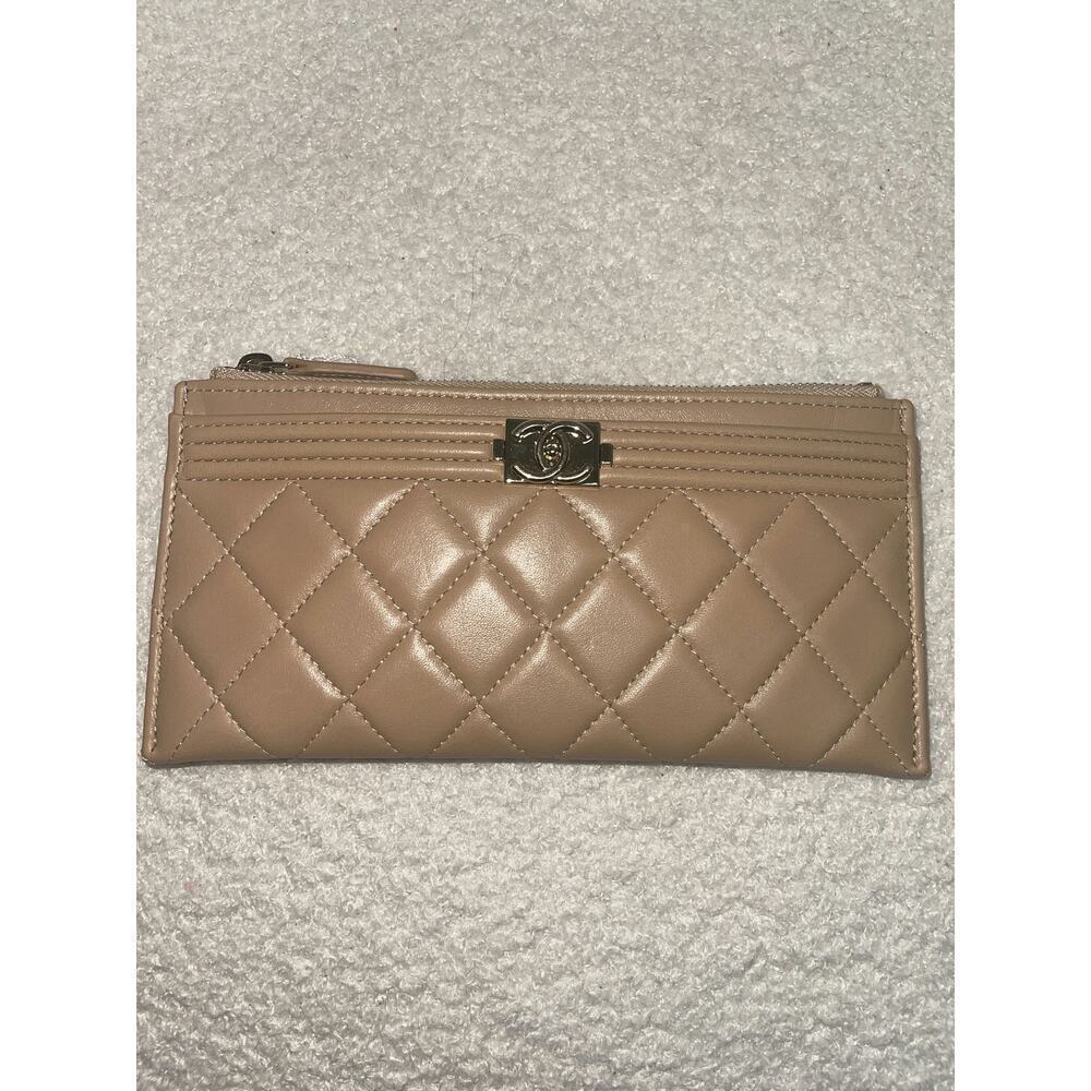 Chanel Beige Quilted Leather Zip Wallet with Authenticity Card